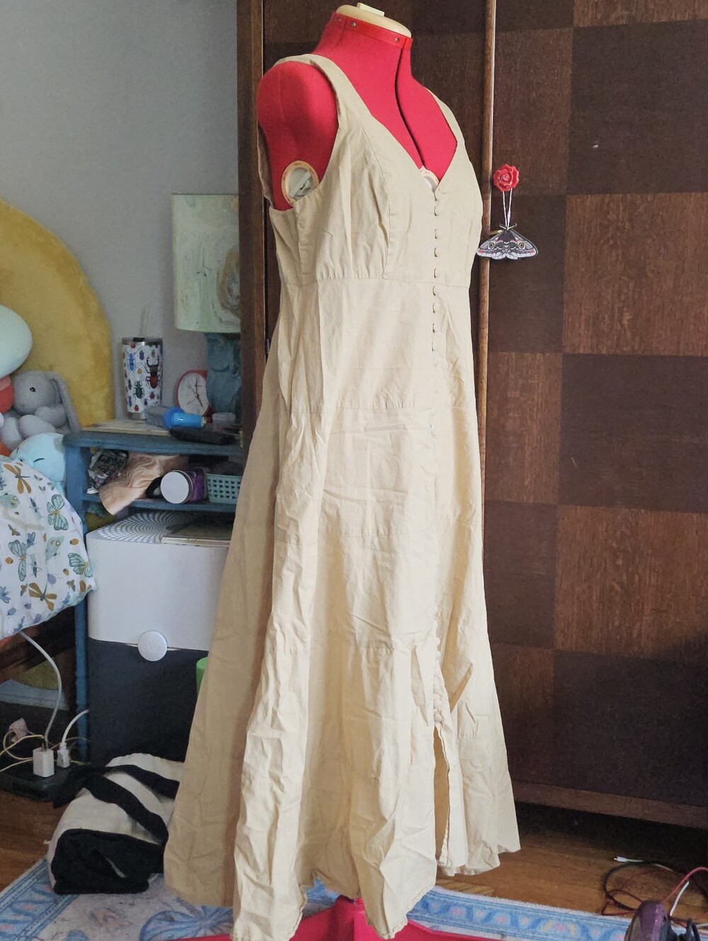 eshakti Sleeveless Cream Maxi Dress with Front Button Detail